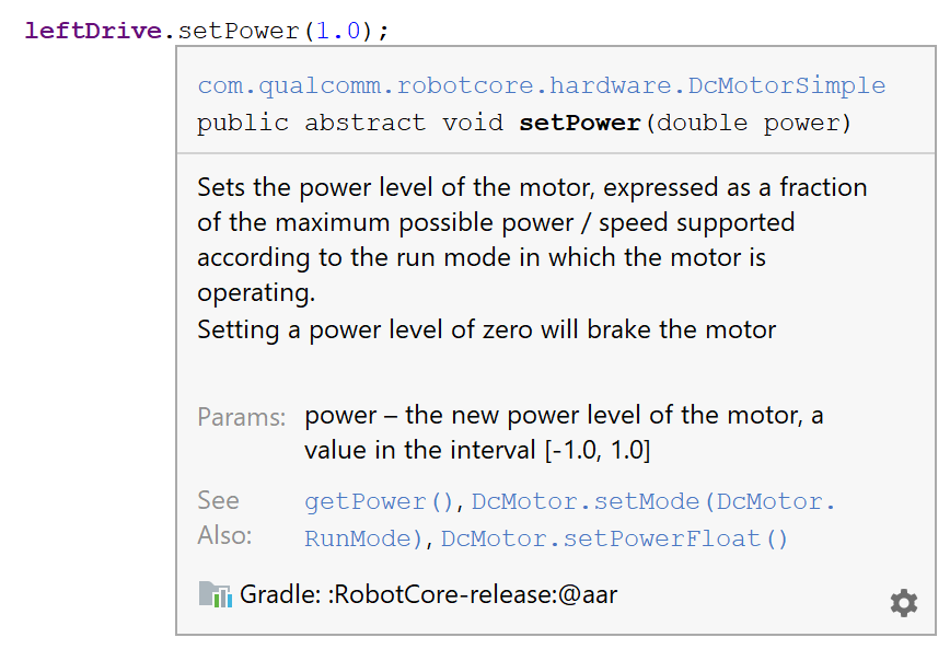 Image showing the documentation popup for the DcMotor setPower function.