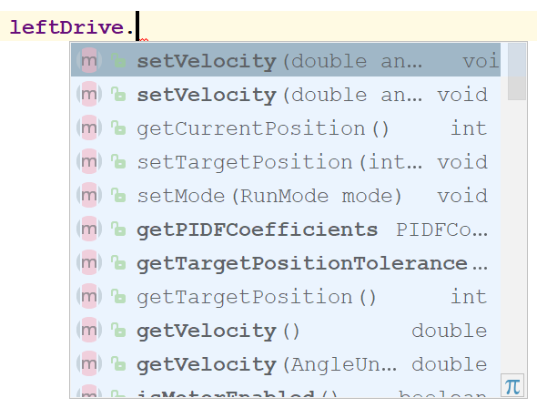 Image showing the code completion feature for the DcMotor leftDrive object.