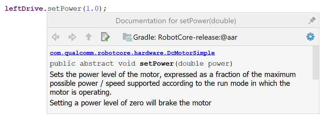 Image showing the function documentation within Android Studio.